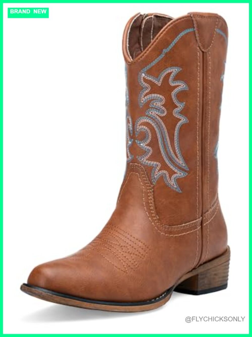 Women's Faux Leather Cowboy Boots Round Toe Mid-Calf Western Block Heel